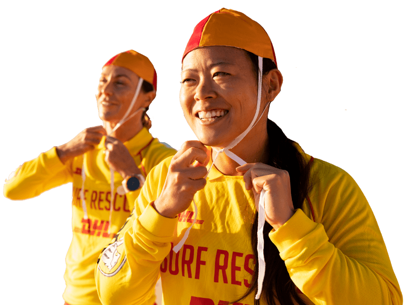 Lifesavers pulling on red and yellow caps